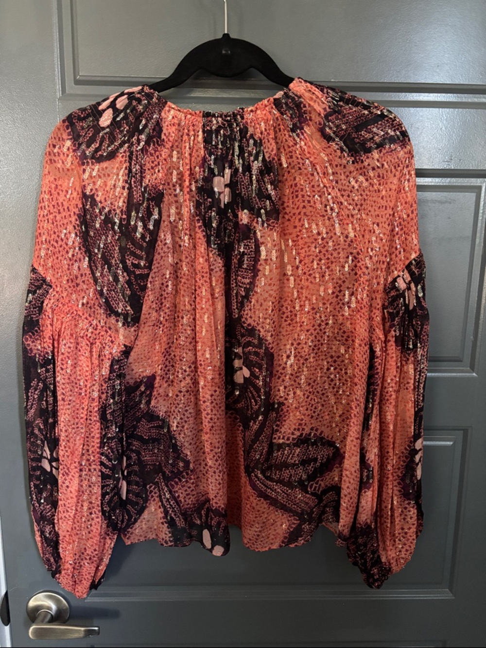 Ulla Johnson Coral and Black Floral Peasant Top w/ Gold Accents - Picture 4 of 4